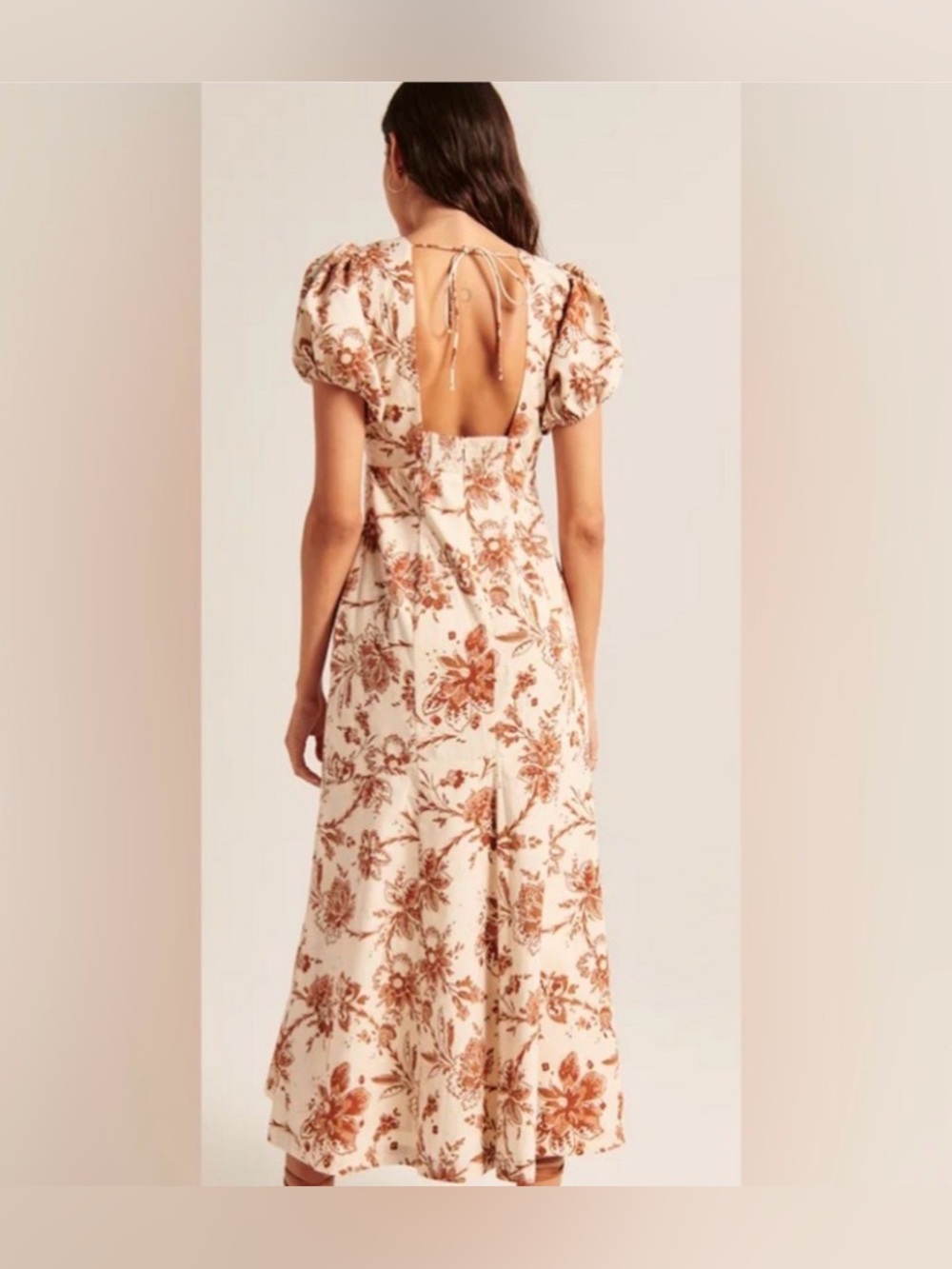 Abercrombie & Fitch Puff Sleeve Slim Poplin Cotton Midi Dress Cream Brown Floral - Picture 2 of 9